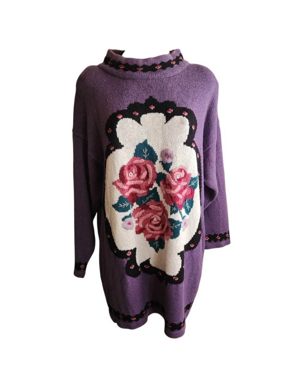 Maggie Lawrence Sweater Womens 22/24 Purple Floral Rose Embroidered Mock Neck